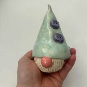 Handmade ceramic Gnome by Nancy Jean Pottery– Aqua Hat w/Purple Button, ~5" OOAK